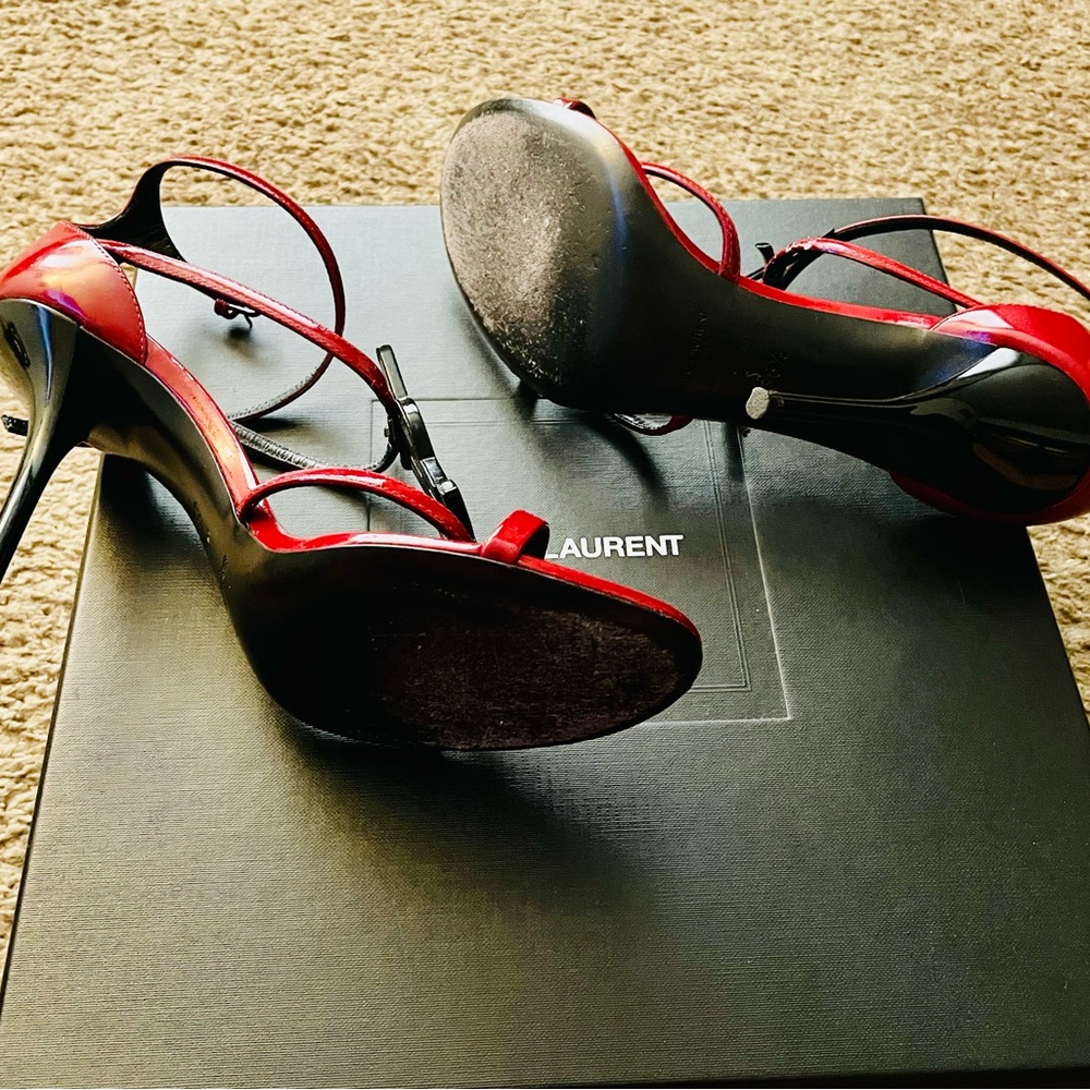 Yves Saint Laurent Red Patent Leather Strappy Heels - Picture 8 of 16